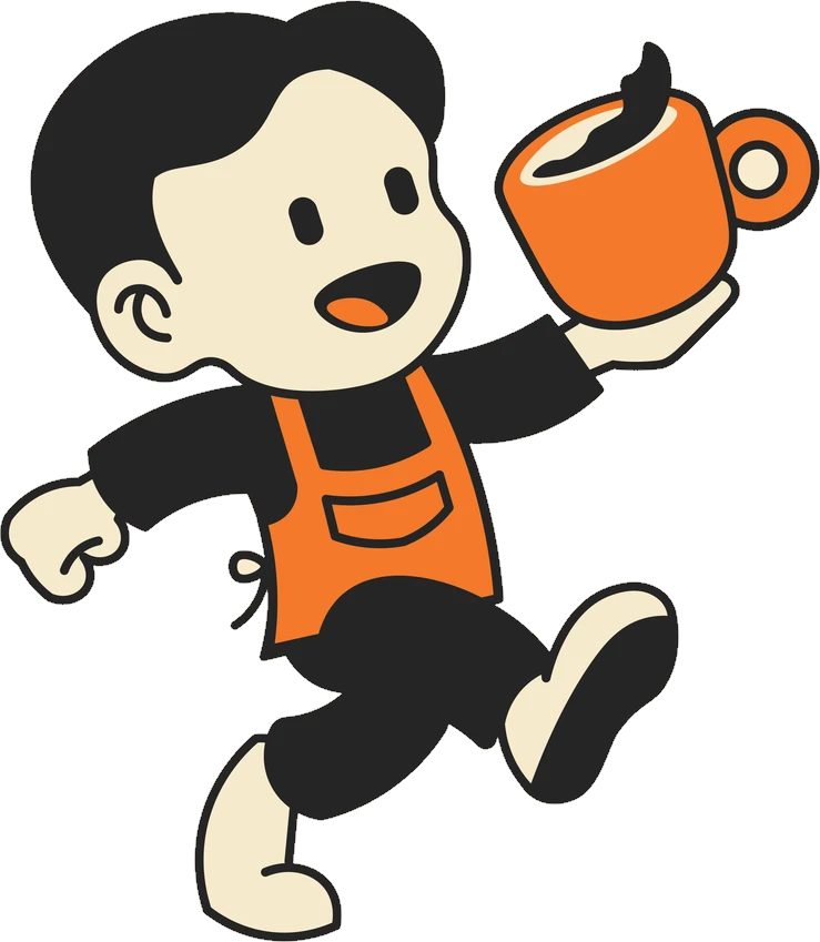 The SON Coffee mascot, a boy in an orange apron carrying a steaming orange mug